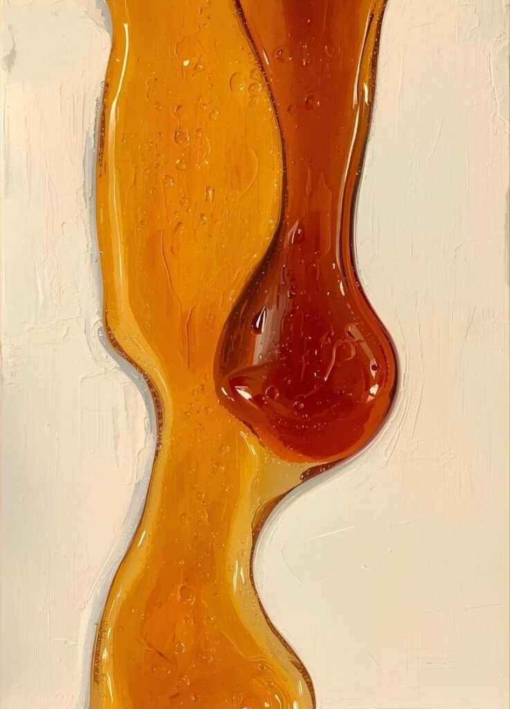 Honey and maple syrup side by side, highlighting their textures and colours.