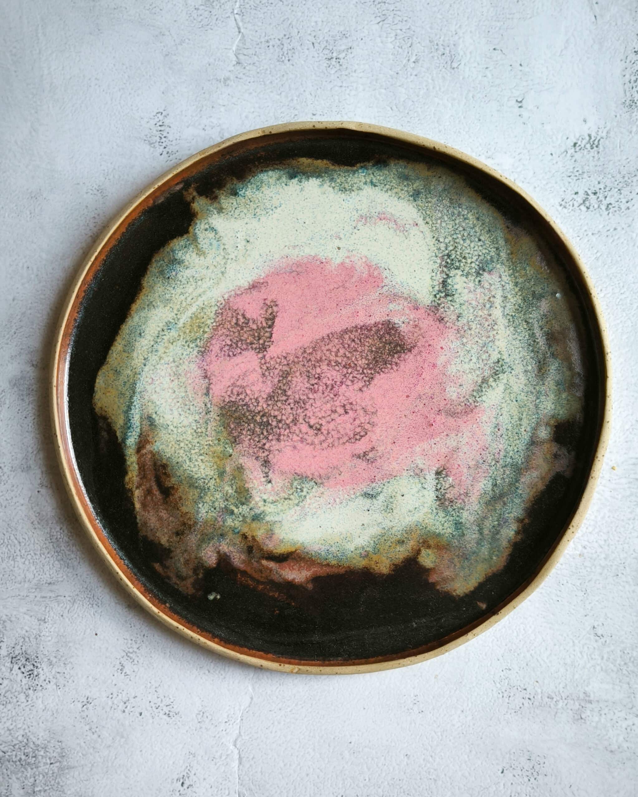 platter in pink, brown and white