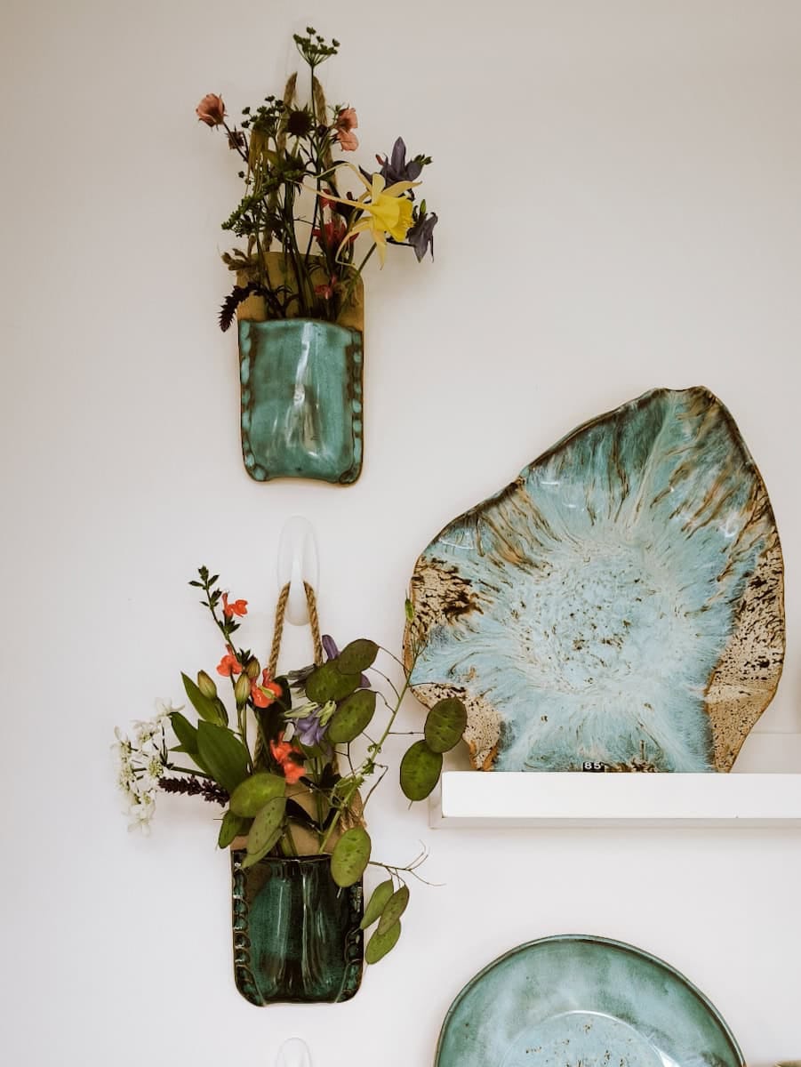 Handmade ceramic vase in coastal tones, unique flower pocket for fresh or dried flowers