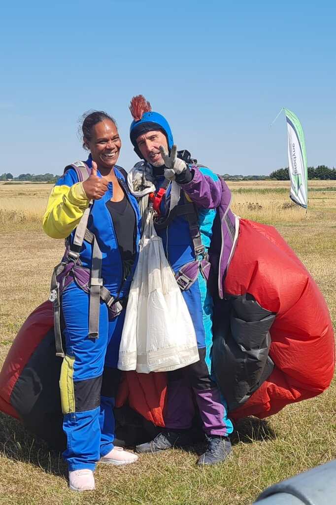 STORM founder Marie Hanson landing at the end of a charity skydive
