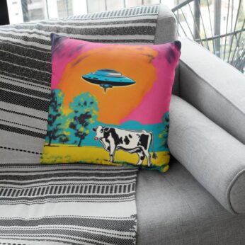 Quirky UFO Cow Pillow Pop Art Inspired Throw Pillow Housewarming Gift Dorm Room Decor For The Conspiracy Theorist With Removable Cover