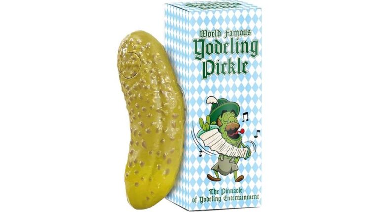 Bright yellow gherkin pickle with packaging featuring a cartoon character singing and dancing.
