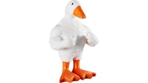 Unique hybrid duck sculpture with muscular human arms, blending animal and human features for artistic intrigue.