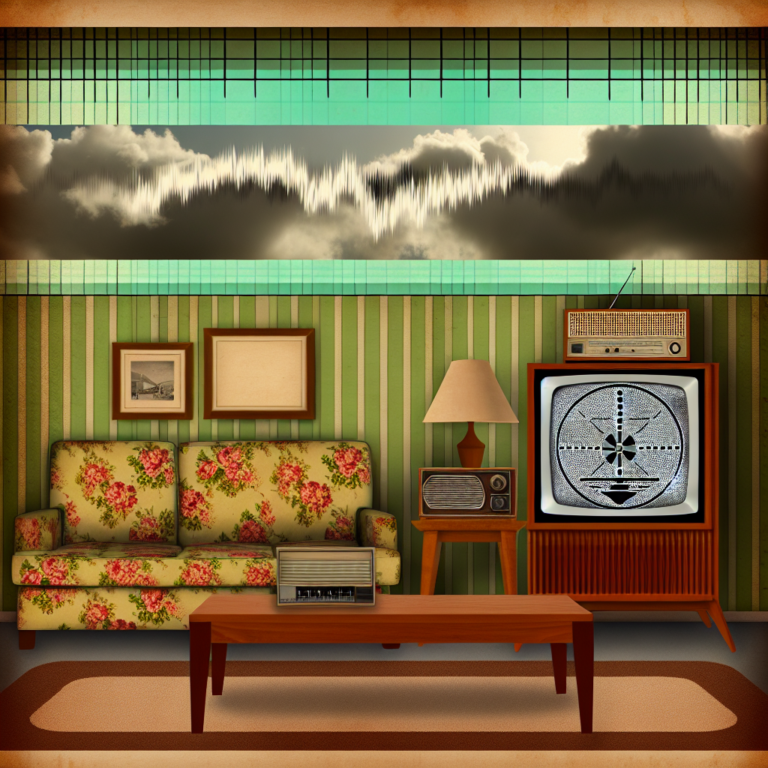Vintage living room with retro furniture and surreal cloudscape wall art.