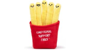 Cute plush fingers with emojis on a red pouch, representing emotional support and comfort.