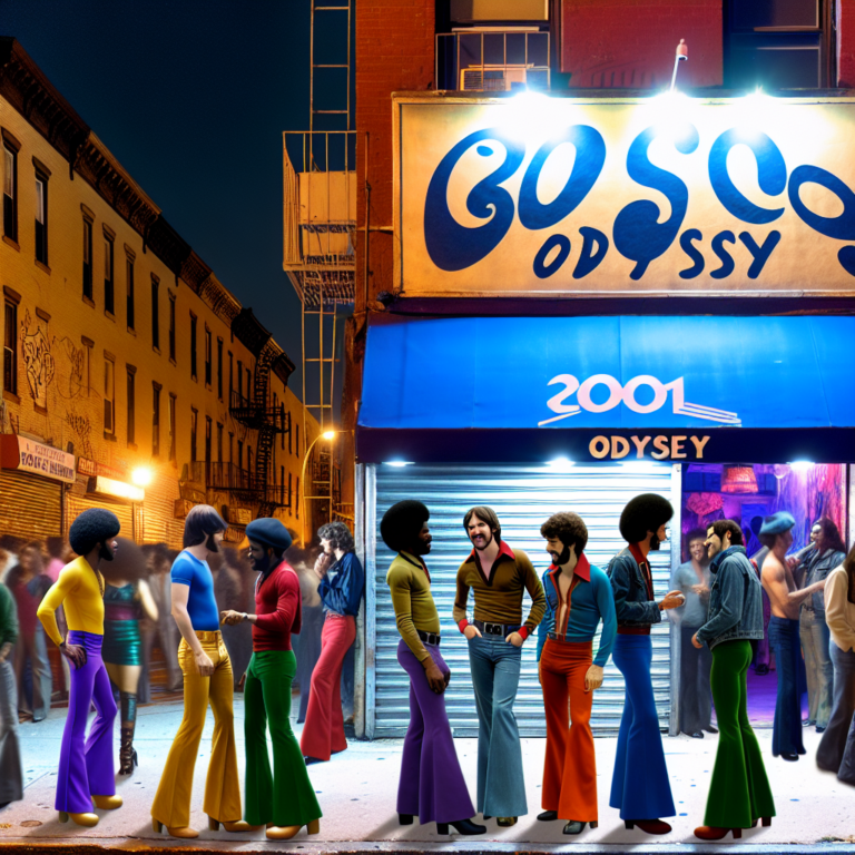 Brightly dressed people dancing outside a 1970s-themed nightclub.