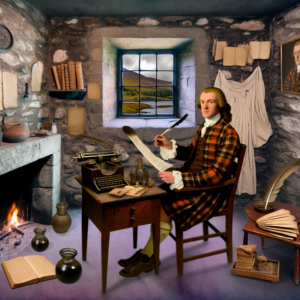 A historical writer with quill in a cozy stone cottage study, surrounded by old books, artifacts, and a view of mountains through a window.