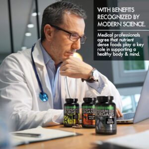 Healthy doctor analyzing dietary supplements for stress and pain relief with modern science focus.
