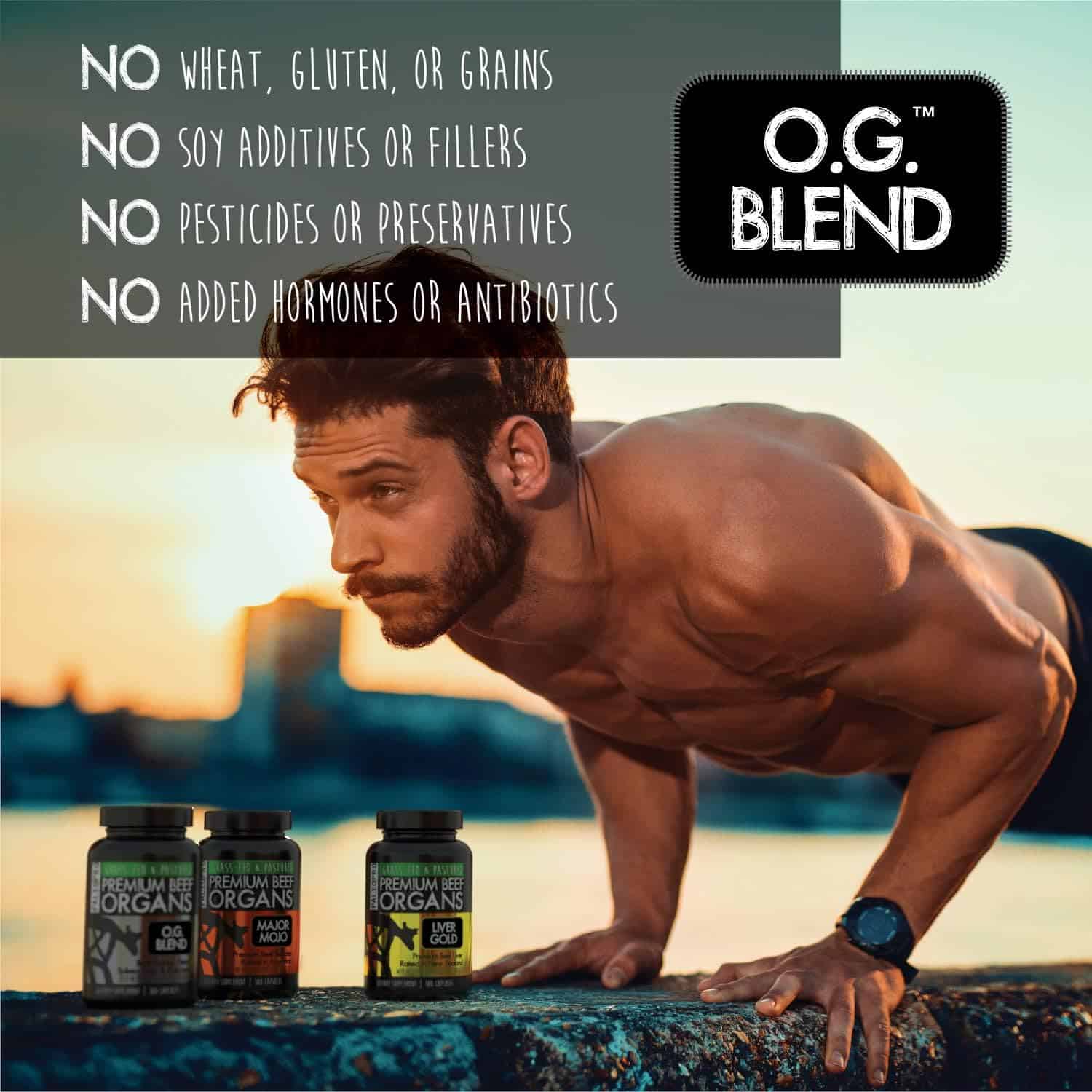Natural supplement bottles for joint and muscle health with stress relief, emphasizing no wheat, gluten, grains, soy additives, fillers, pesticides, preservatives, hormones or antibiotics.