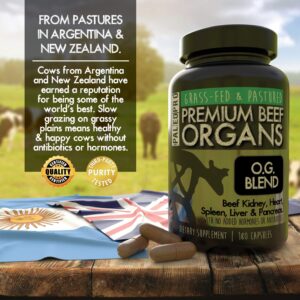 Grass-fed beef organs supplement for stress and pain relief, supporting healthy liver, kidney, heart, spleen, and pancreas function, free from hormones and antibiotics, perfect for holistic health.