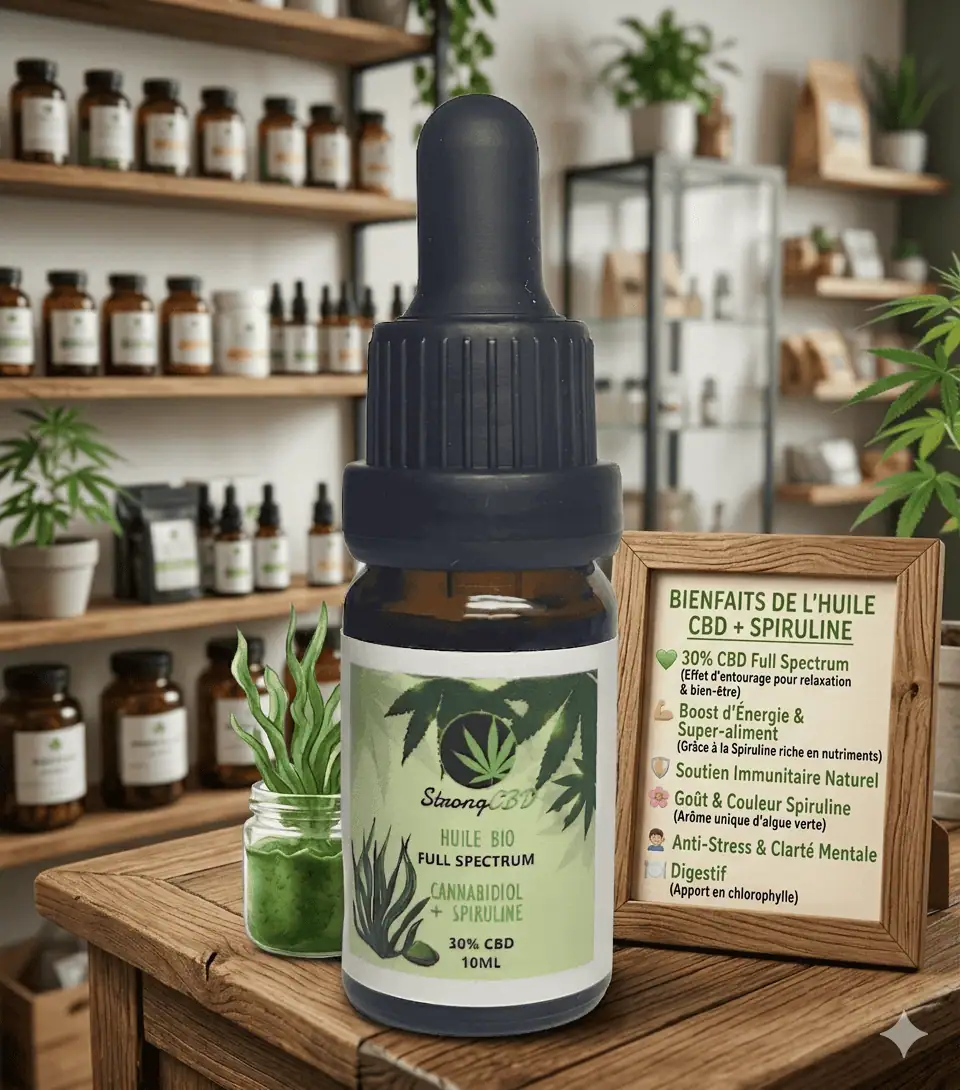 Huile CBD spiruline : le duo bien-être pour soutenir l'immunité et lutter contre la fatigue. Guide complet, dosage et avis StrongCBD.