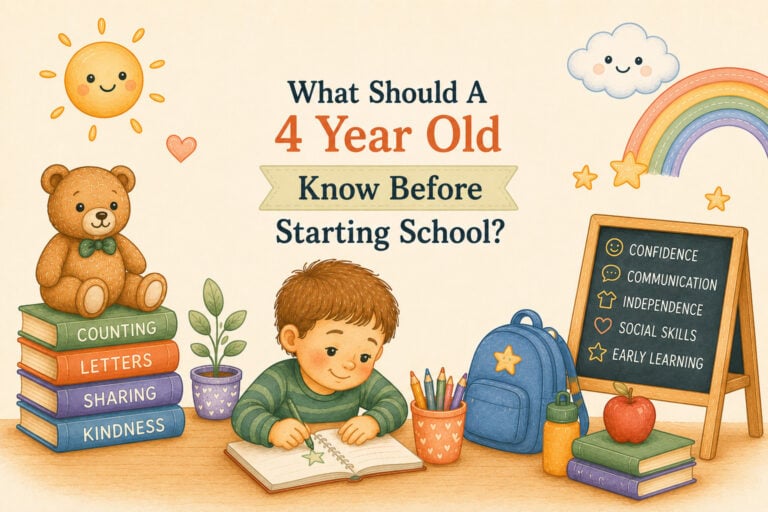 Child learning and exploring at age 4 with educational toys and colourful classroom setting. What should a 4 year old know before starting school