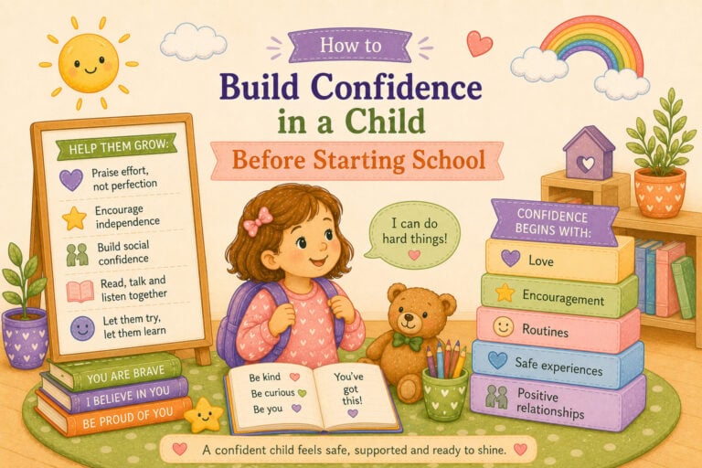 Child with backpack and teddy bear, building confidence before starting school. How to build confidence in a child before starting school