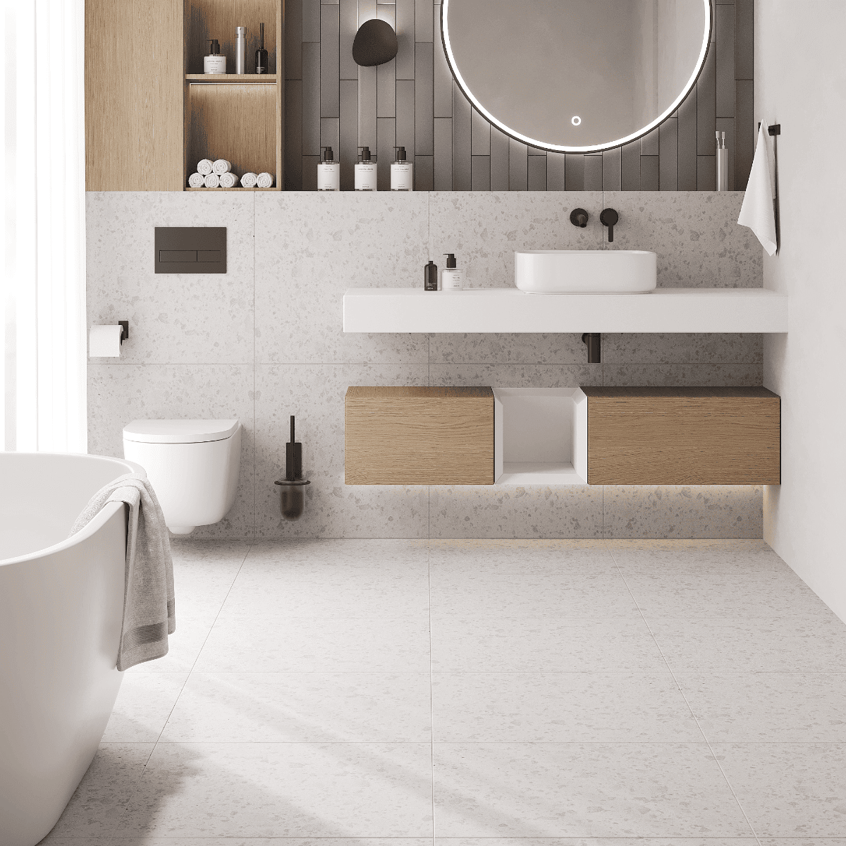 weisser terrazzo mit hellgrau und schwarzen armaturen