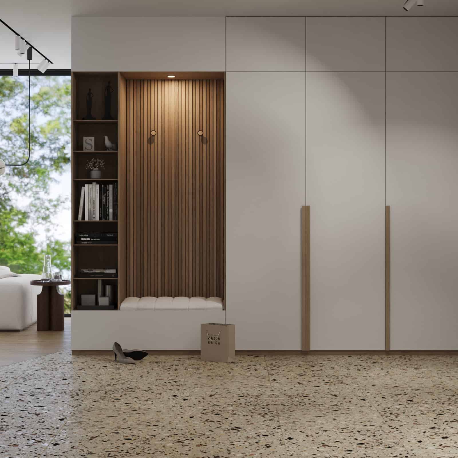 beige Terrazzo-Fliesen beim Eingang