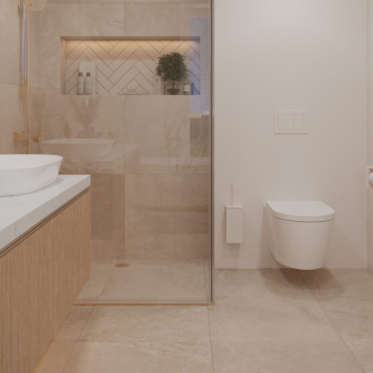 Beiges Badezimmer mit Nische