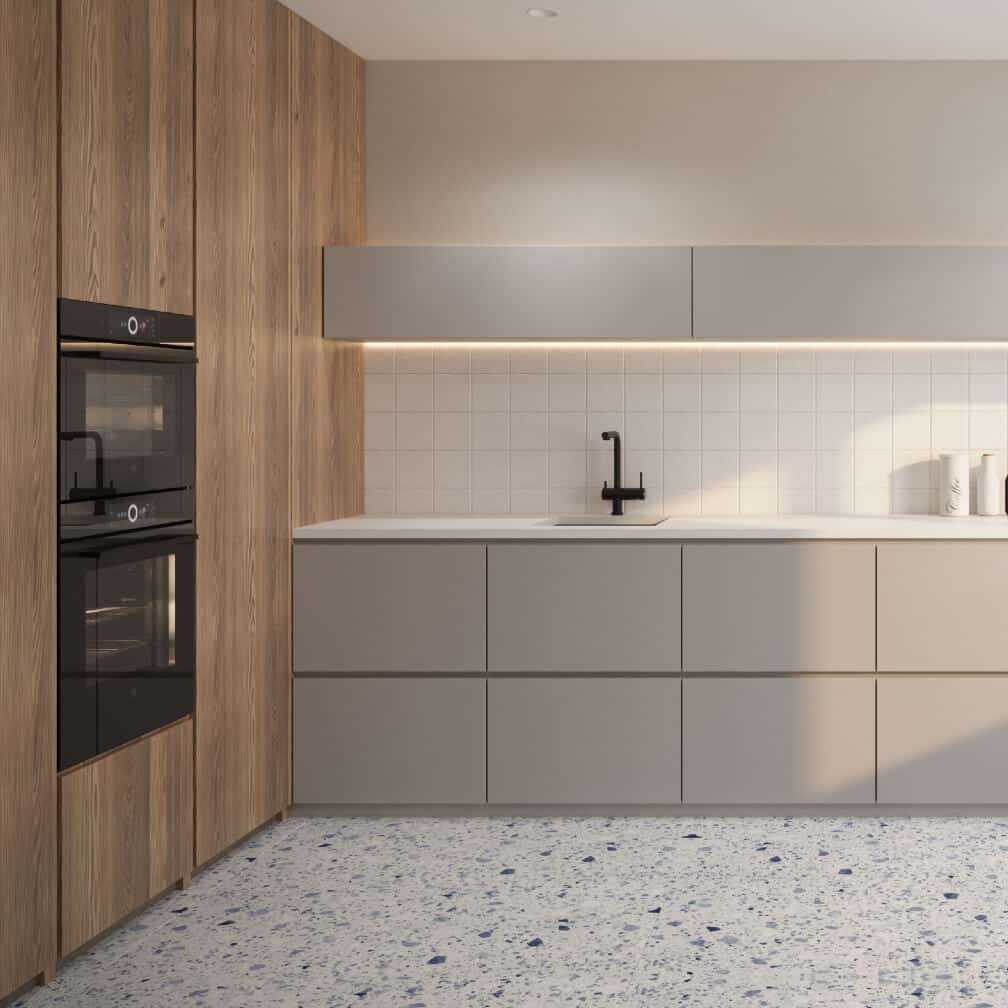 Blaue Terrazzo-Fliesen in der Küche