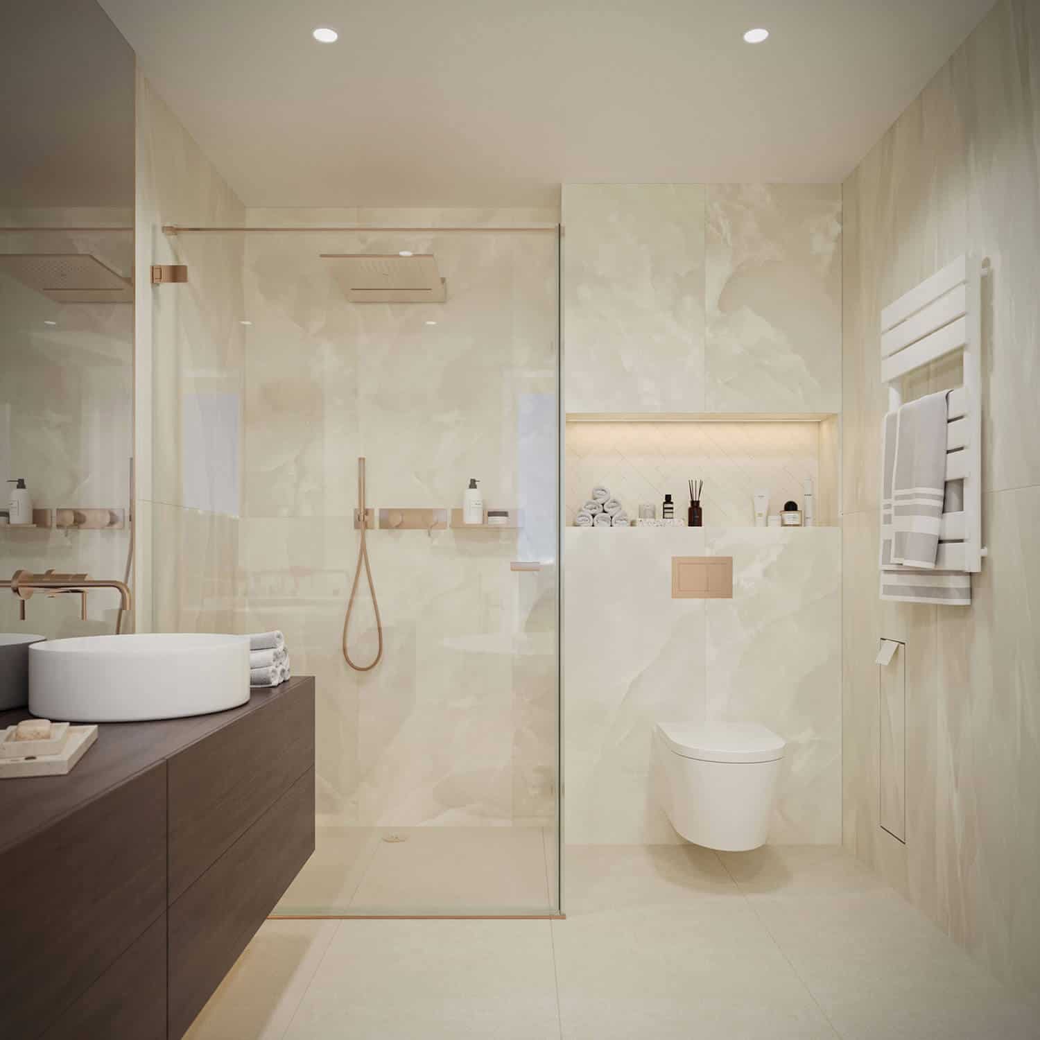 Bad mit hellen Fliesen Triglac Ice mit Onyxeffekt Boden Aneto Fliesen