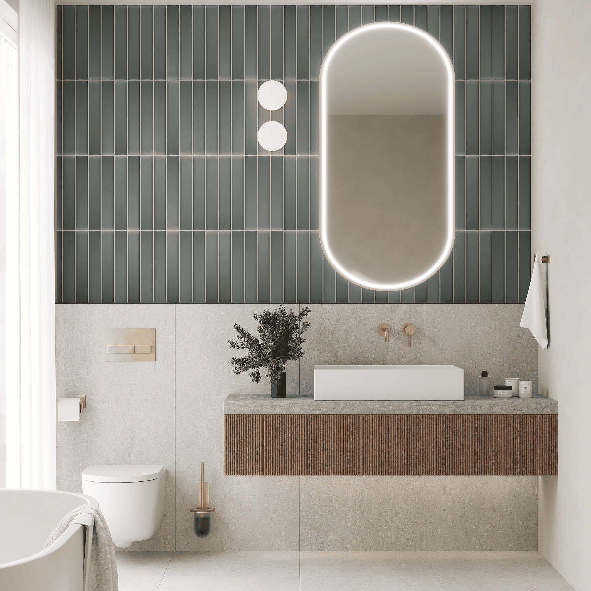 bad mit grauen grossen fliesen und salbeigrünen metrofliesen