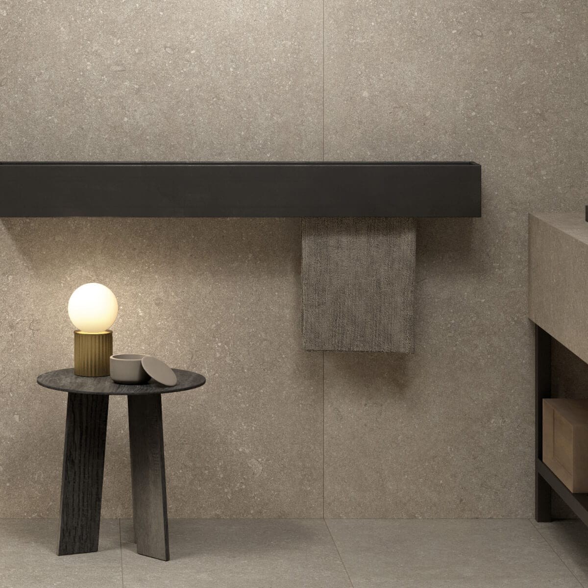 fliese sand in bad mit dunklem holz