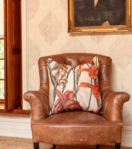 Botanical scatter cushion cover with red amaryllis flower design – Marloth Collection Plate 48