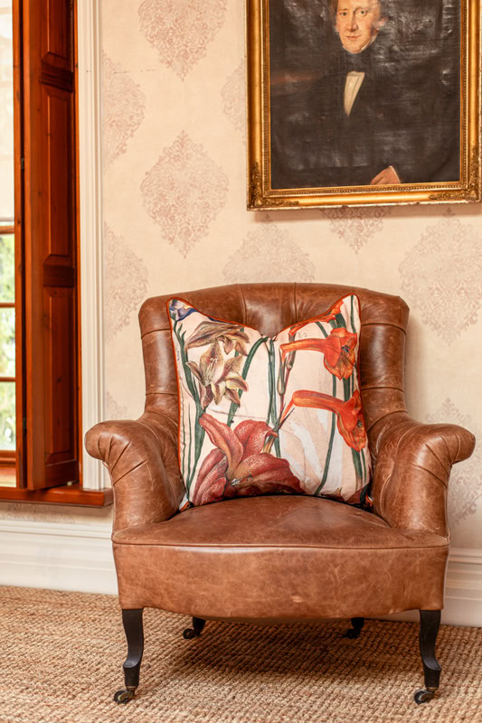 Botanical scatter cushion cover with red amaryllis flower design – Marloth Collection Plate 48