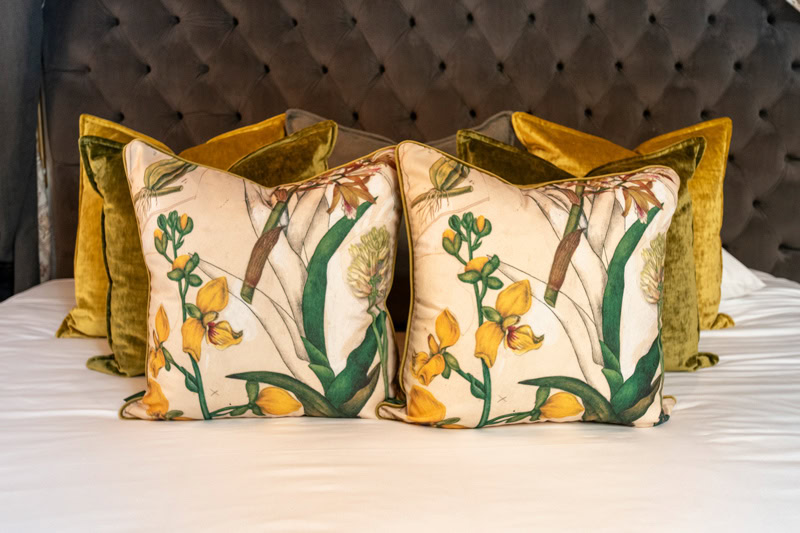 Botanical scatter cushion cover with yellow orchid design – Marloth Collection Plate 53