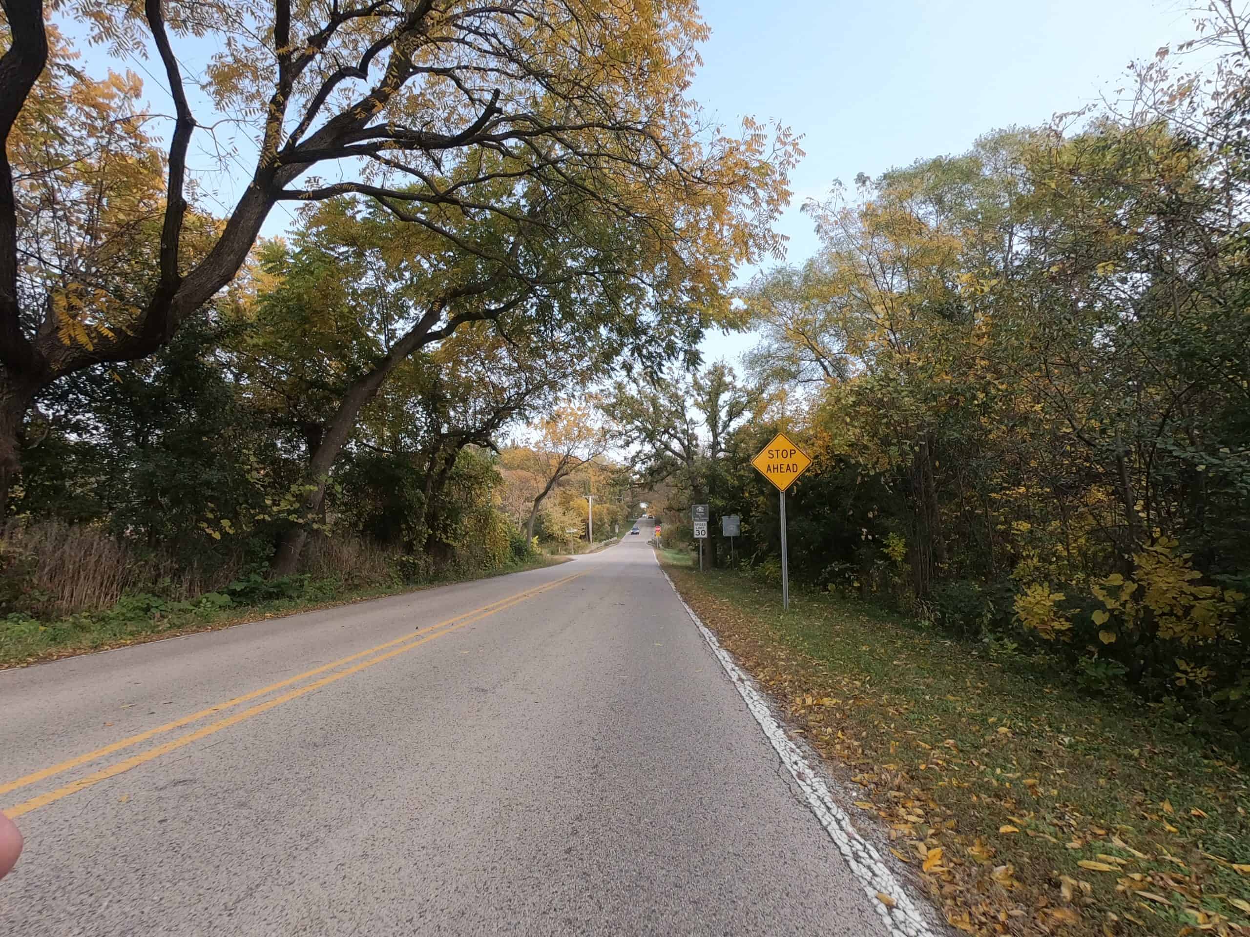 Looking down a colorful tree lined two-lane road.