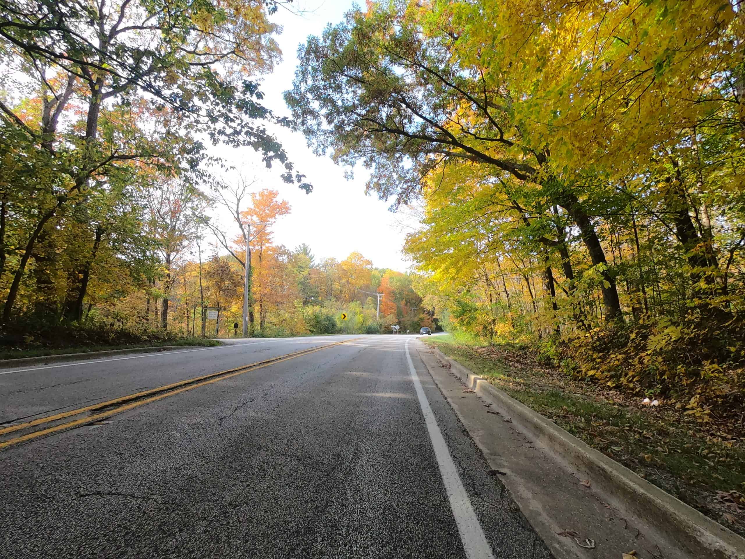 Looking down a colorful tree lined two-lane road.