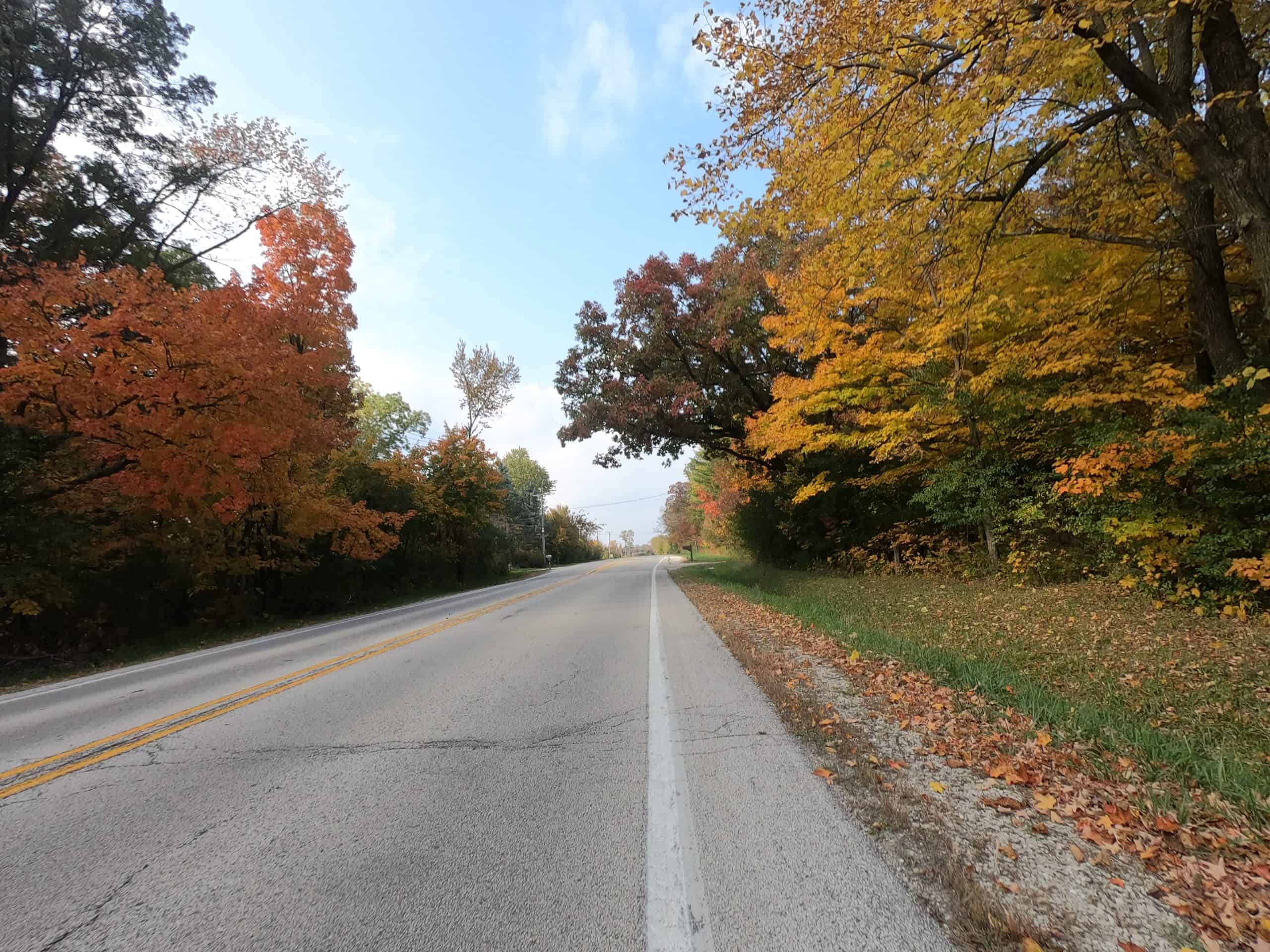 Looking down a colorful tree lined two-lane road.