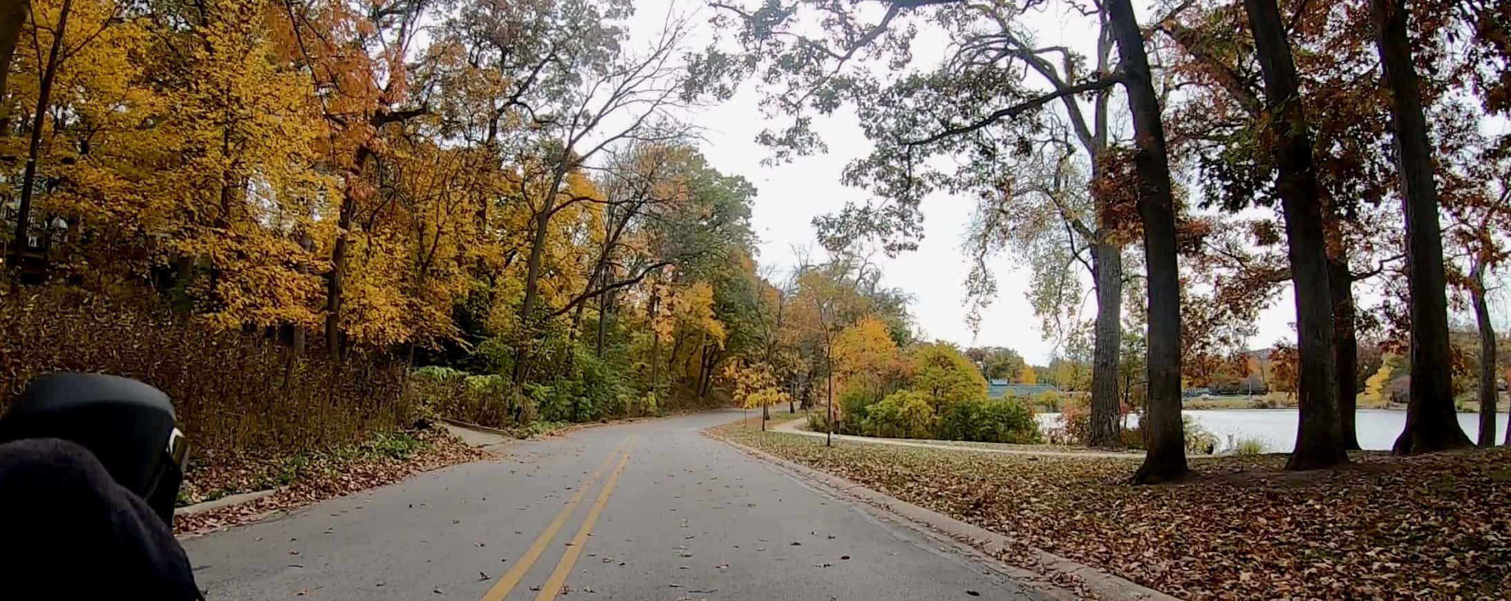 Looking down a two-lane road within a tree-lined neighborhood showing fall colors, and a peek at a lake on the right.