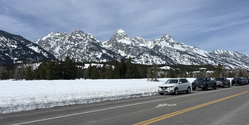 Looking across Teton Park Road with the three Grand Tetons in the background, short pine trees and snow in front of them, cars parked on the road, and a sharrow and double yellow line painted on the road.