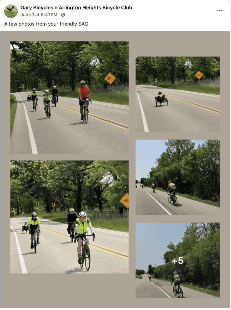 A Facebook post shows five pictures of cyclists riding on roads through a tree-lined suburban area.
