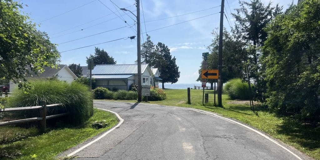 Looking at two-lane road curving left with a yellow left-arrow sign through a residential neighborhood with some short trees and a peek of sea in the background.