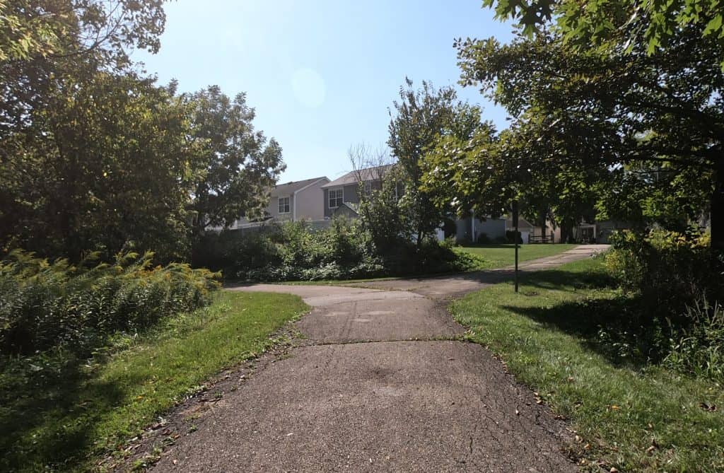 Lush tree-lined suburban neighborhood bike path in Chicago suburbs during bright sunny day.
