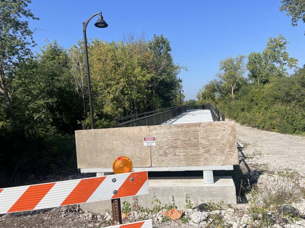 Here's what the east end of the bridge looks like now: pavement in place (but it's not on the whole bridge yet, the village says) and leading to a Streamwood neighborhood.