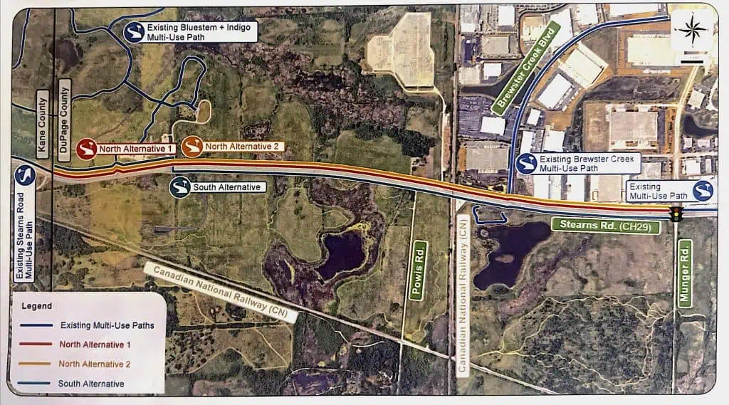 Multi-use biking paths and bike route alternatives in suburban Chicago, featuring Blue Stem + Indigo, Brewster Creek, Stearns Road, and Canadian National Railway.