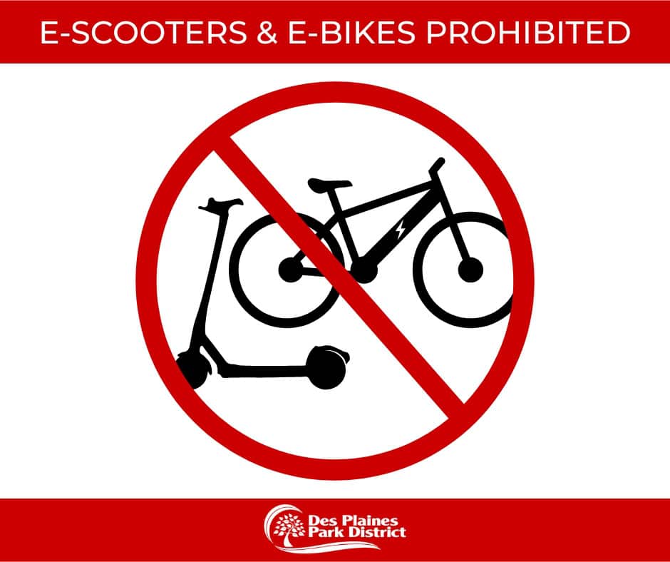 No electric scooters or bikes allowed in Des Plaines parks, the graphic says.