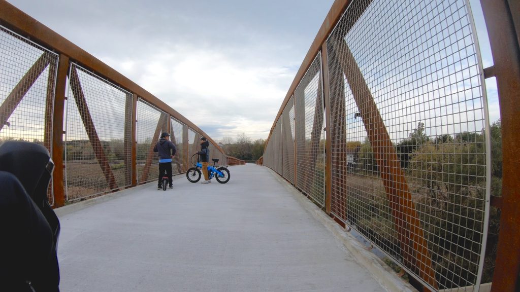 Modern scenic bridge for suburban Chicago biking trails.