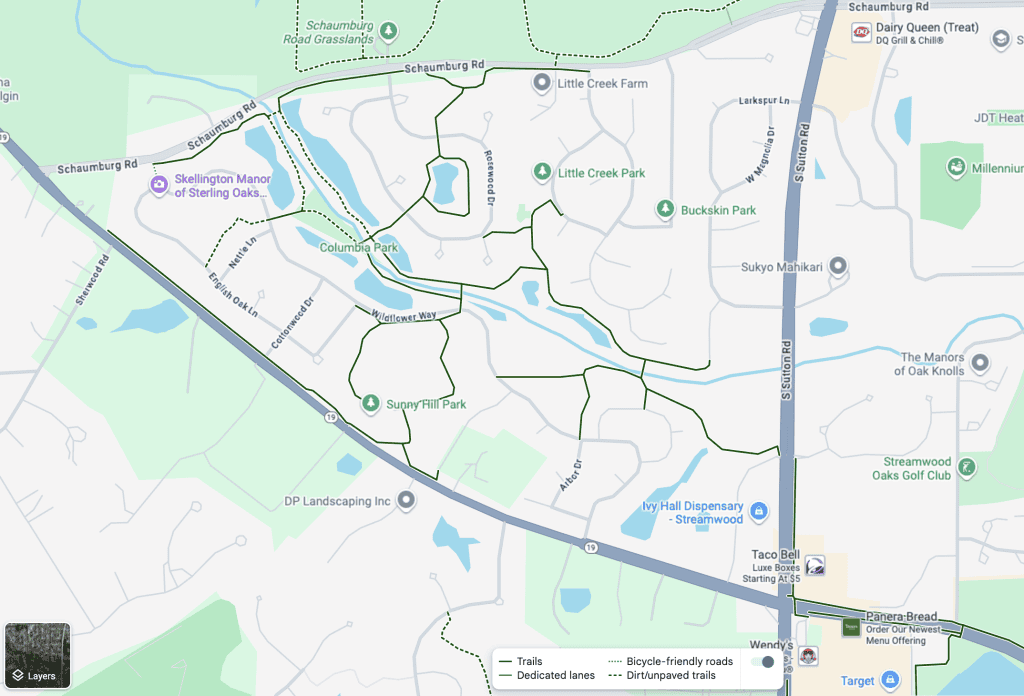 A Google map of Streamwood bike trails and parks for cycling enthusiasts.