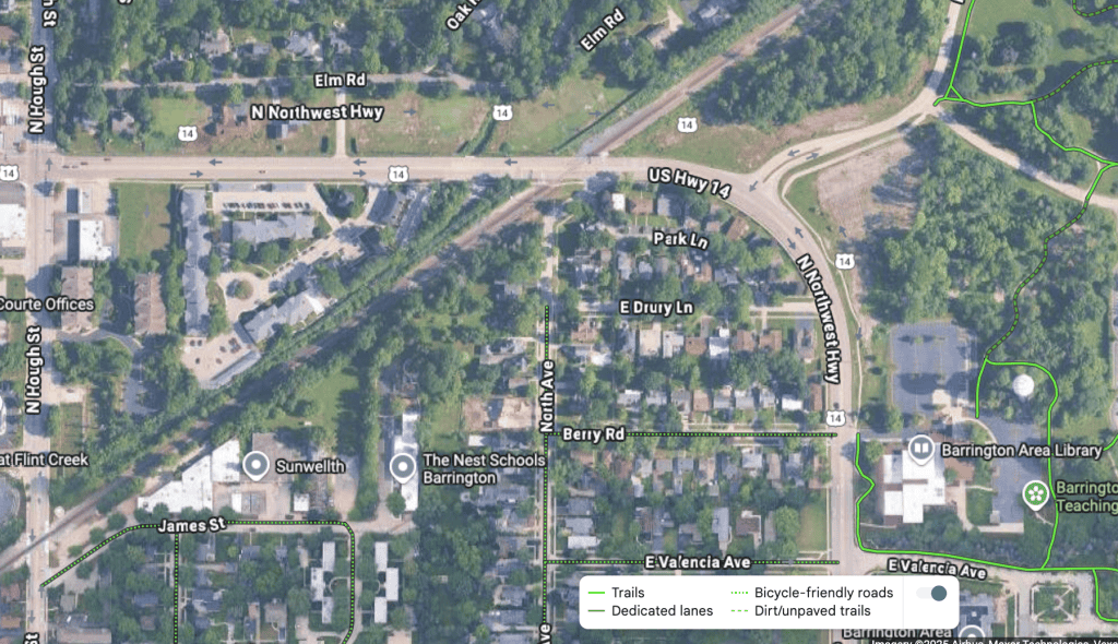 Scenic bike trails and dedicated lanes in Barrington, Illinois suburb.