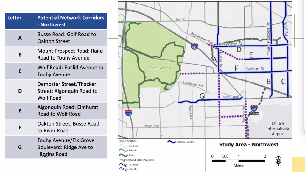 Map of potential bike routes and trails for suburban Chicago cycling routes.