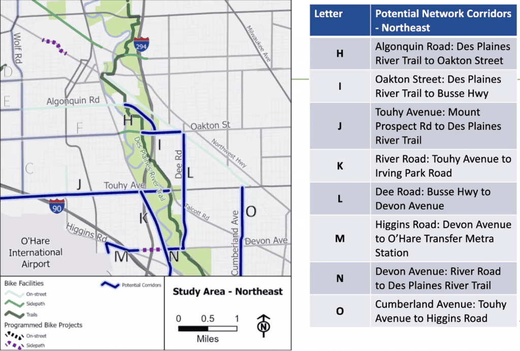 Detailed map showing potential bike corridors and trail connections in Northeast Chicago suburbs.