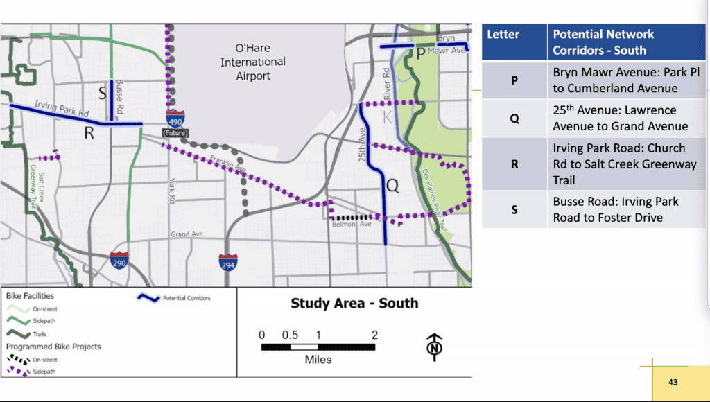 Map shows favored bicycling corridor routes south of O'Hare International Airport.