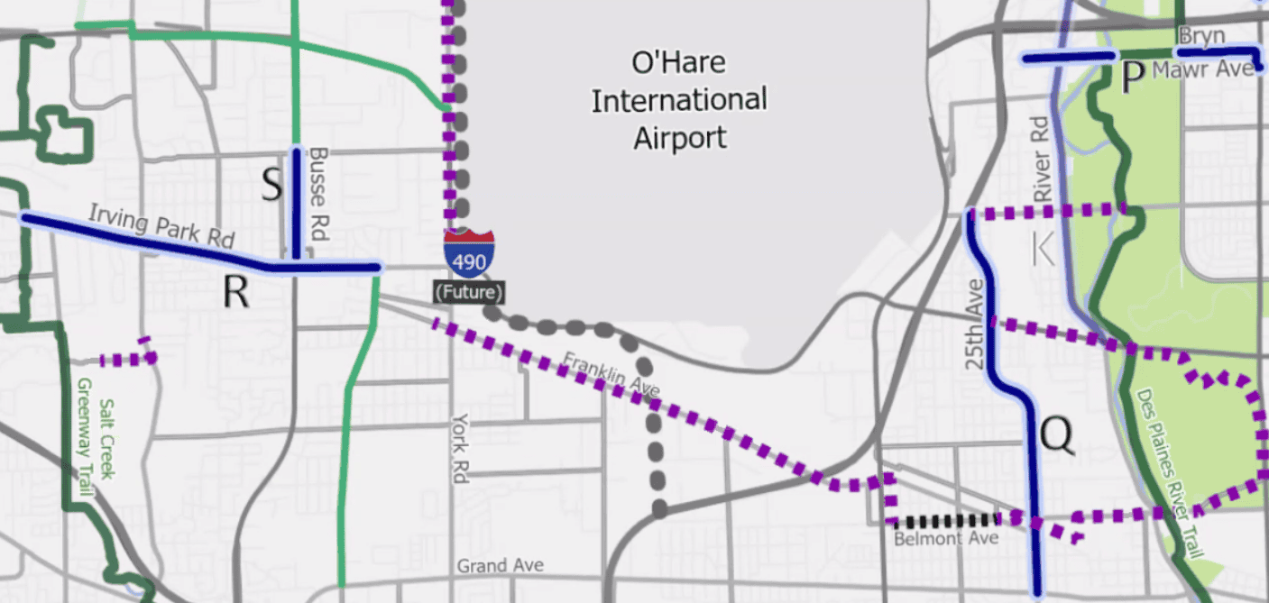 Biking route map proposed around south O'Hare International Airport.