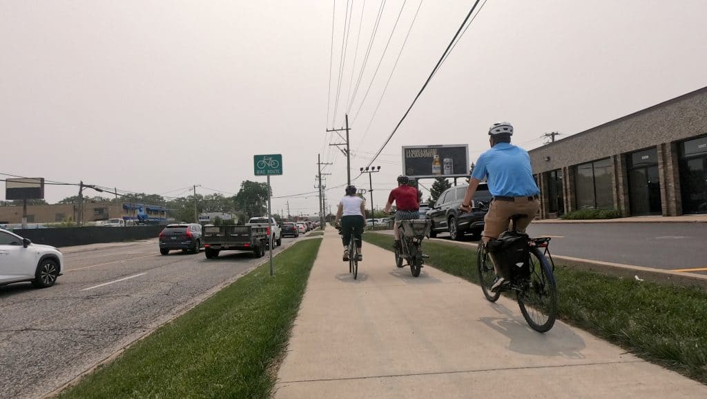 Bike route on busy street in Suburban Chicago, Illinois.