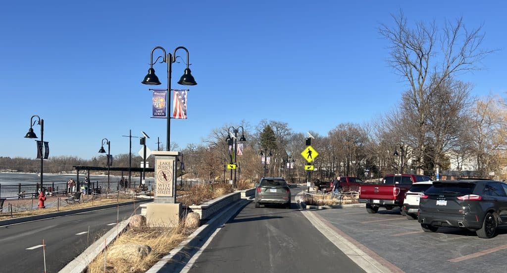 View of Lake Zurich's Main Street with bike-friendly features and downtown ambiance.