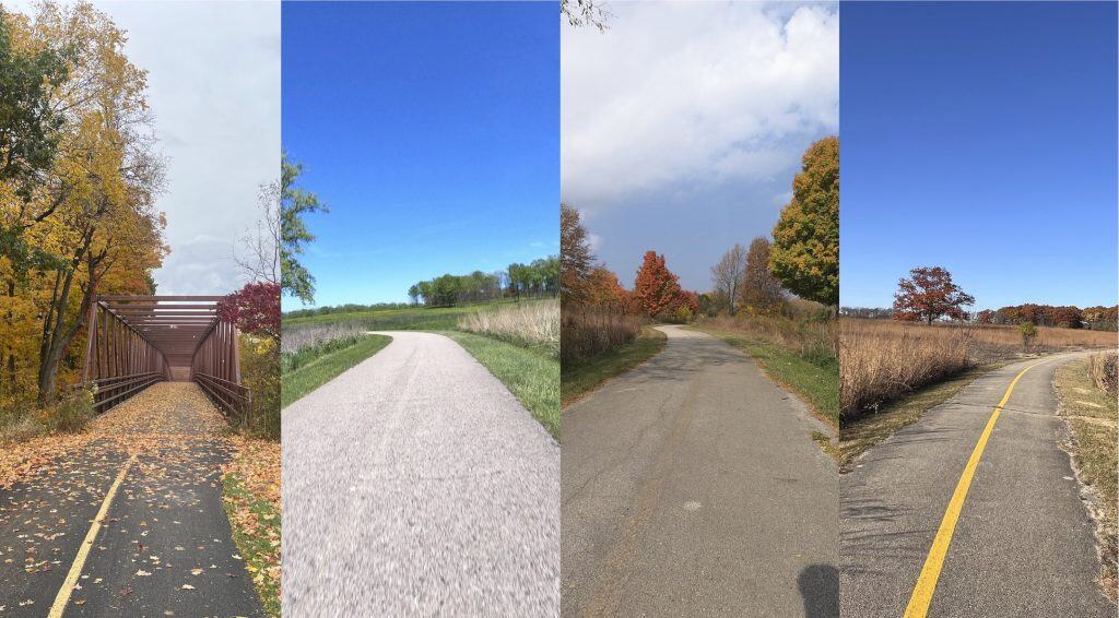 Beautiful suburban Chicago biking paths with fall foliage and clear skies.