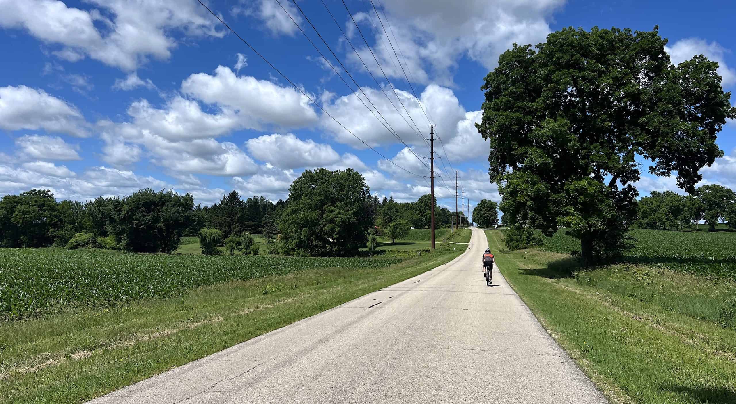 Cyclist riding on a rural road surrounded by green trees and fields under a blue sky with clouds.