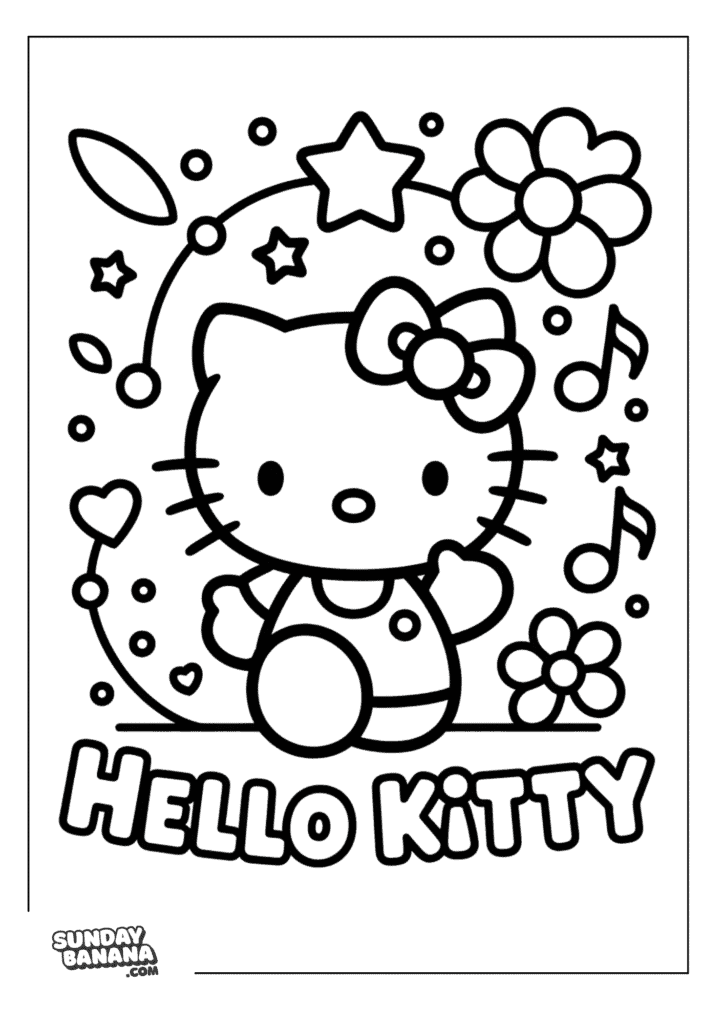 Hello Kitty with surrounded by cute flowers, stars and music notes with Hello Kitty word are the bottom Hello Kitty Coloring Page